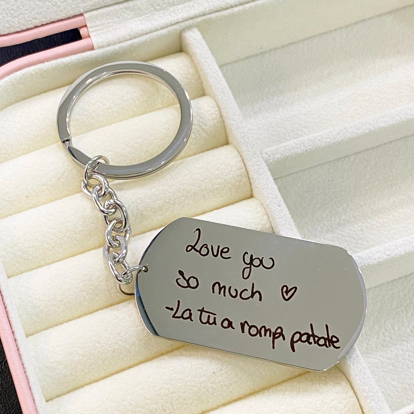Portachiavi in Acciaio con Piastrina Personalizzabile con la tua Calligrafia, Foto o Frase