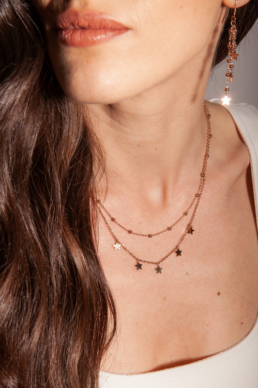 Collana Doppia con Stelline Pendenti Acciaio Color Rosè - Stardust - #BrandGioielli