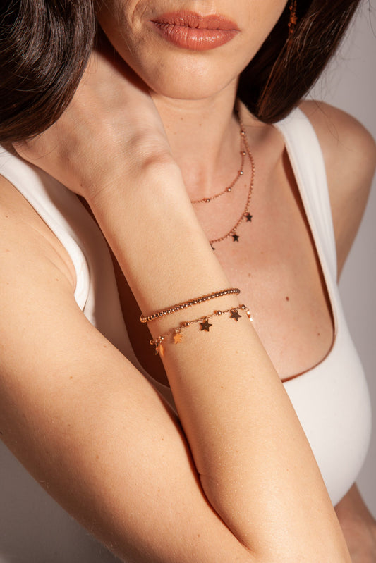 Bracciale Pallini con Stelline Pendenti Acciaio Color Rosè - Stardust - #BrandGioielli