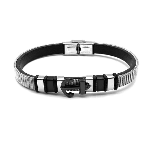 Bracciale Uomo in Acciaio Maglia Milanese e Cuoio con Ancora Centrale Black Bloom Oro Gioielleria