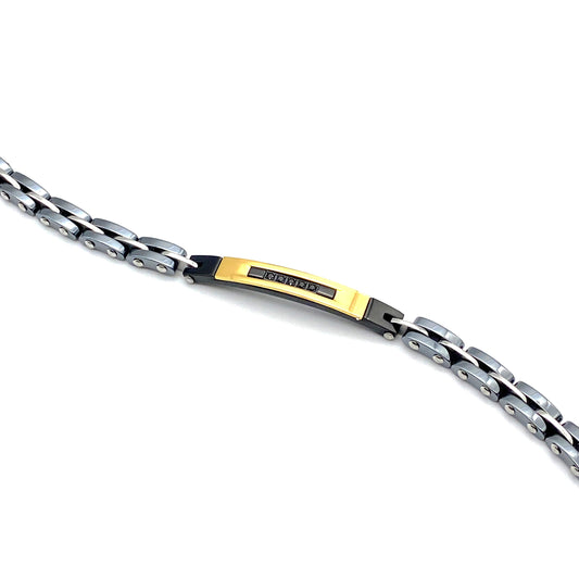 Bracciale Uomo in Acciaio e Ceramica con Targhetta Centrale Placcata Oro 18k e Zirconi Neri Bloom Oro Gioielleria