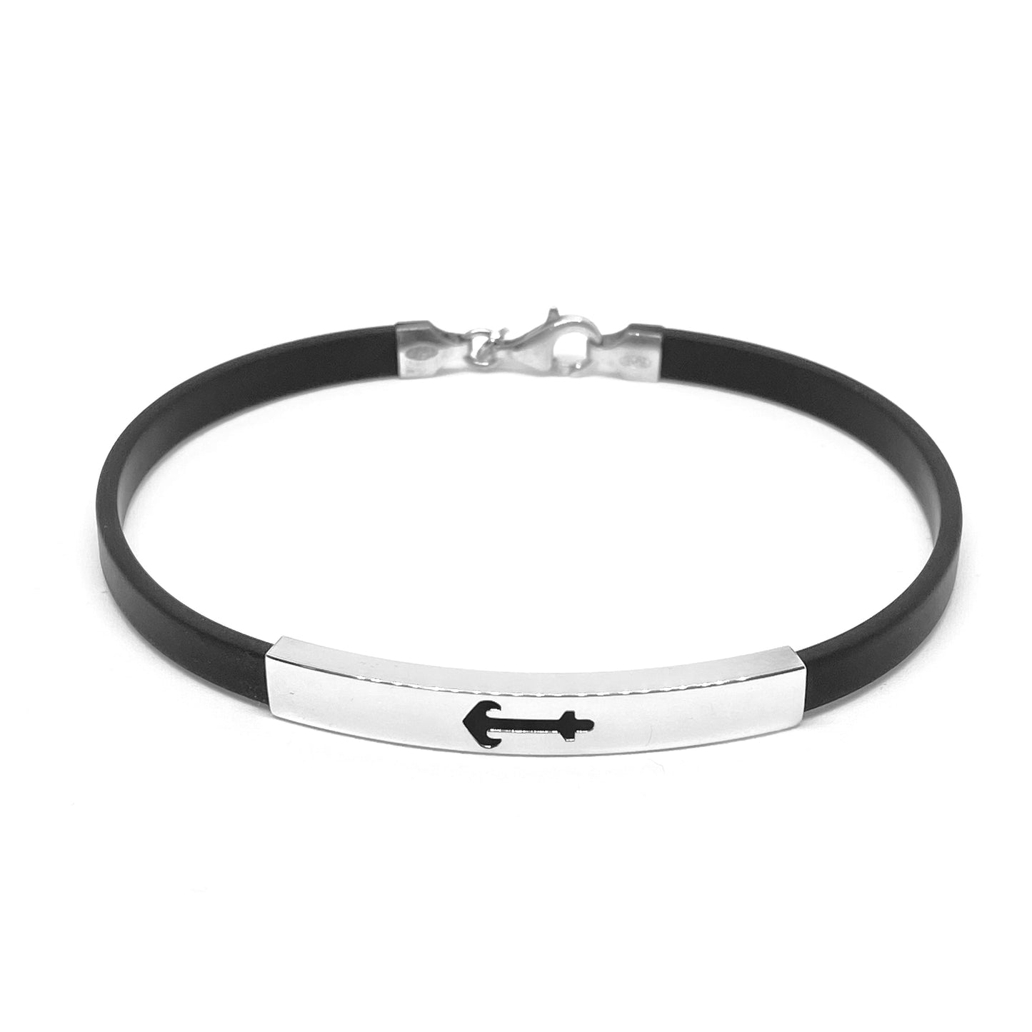 Bracciale Uomo in Caucciù con Targhetta centrale da 5mm in Argento 925 Rodiato con Ancora Bloom Oro Gioielleria