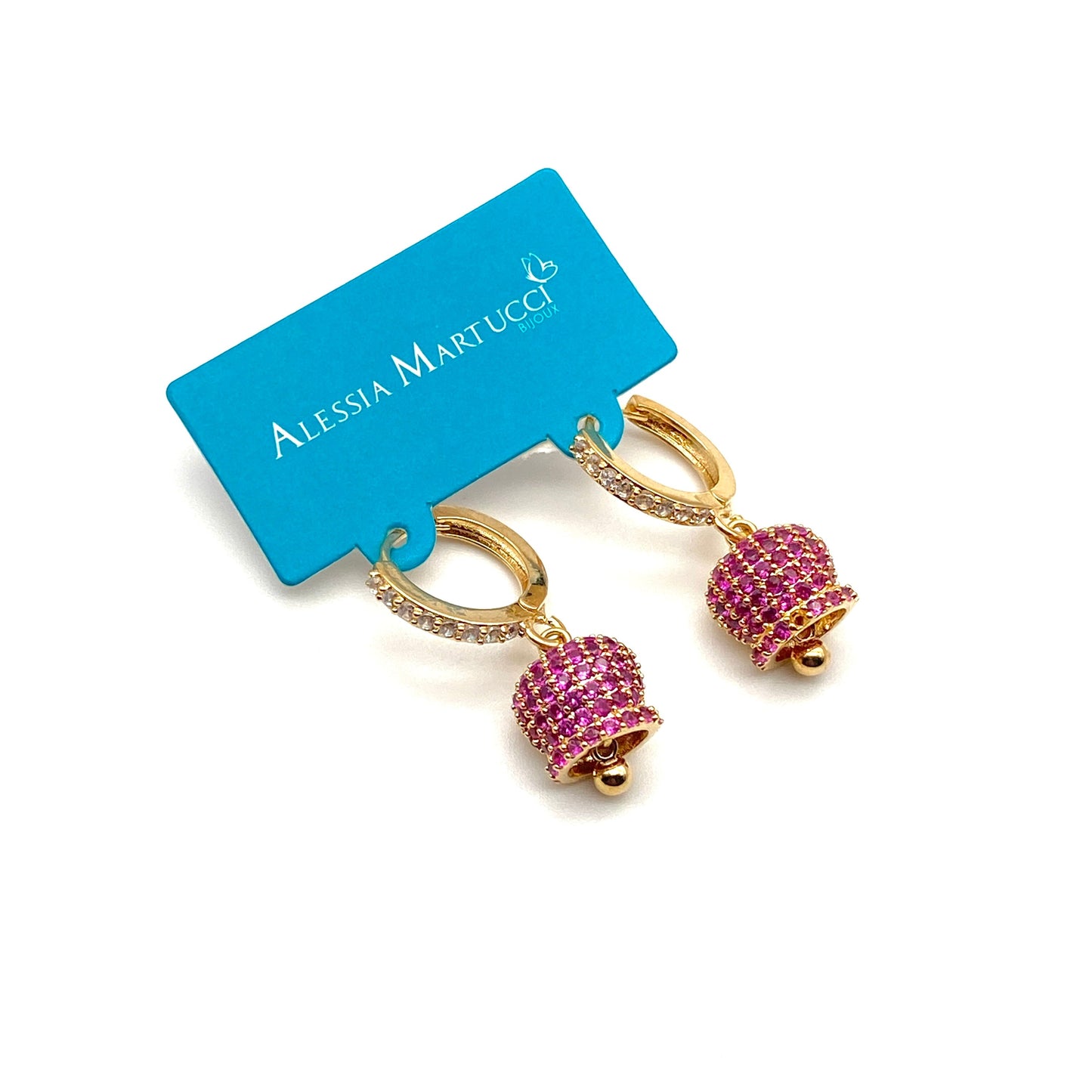 Orecchini Pendenti Alessia Martucci con Campanella di Capri e Zirconi Rosso Rubino Placcati Oro 18K Bloom Oro Gioielleria