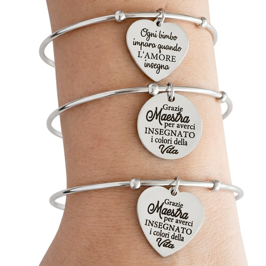 Bracciali Rigidi in Acciaio con frasi per le Maestre Personalizzabili