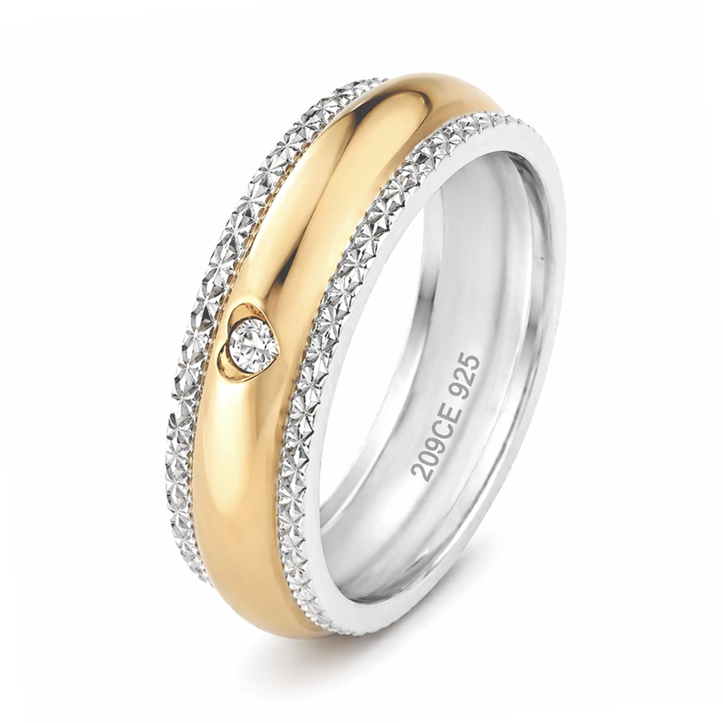 Fede/Fedina in Argento 925 Placcato Oro con Bordi Diamantati e Zircone Centrale