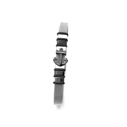 Bracciale Uomo in Acciaio Maglia Milanese e Cuoio con Ancora Centrale Black Bloom Oro Gioielleria