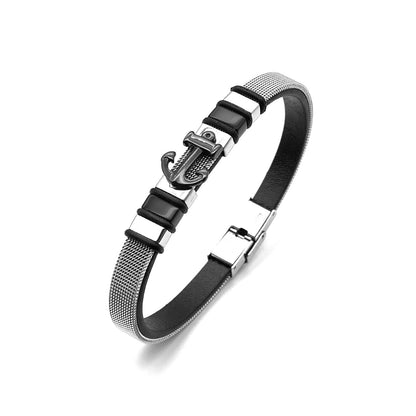 Bracciale Uomo in Acciaio Maglia Milanese e Cuoio con Ancora Centrale Black Bloom Oro Gioielleria