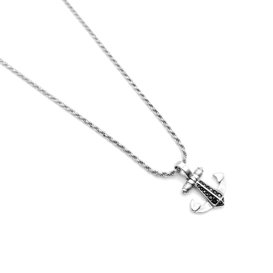 Collana Uomo in Argento 925 Rodiato con Ancora e Zirconi Neri Bloom Oro Gioielleria